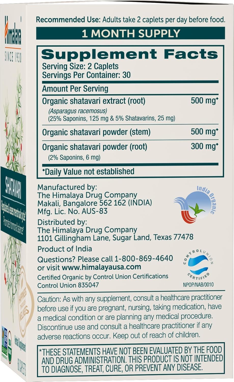 Himalaya Organic Shatavari Caplets for Women's Health - 1,300mg, 2 Month Supply - Menstrual Cramp Relief, Menopause Support - 60 Caplets x 2 Pack