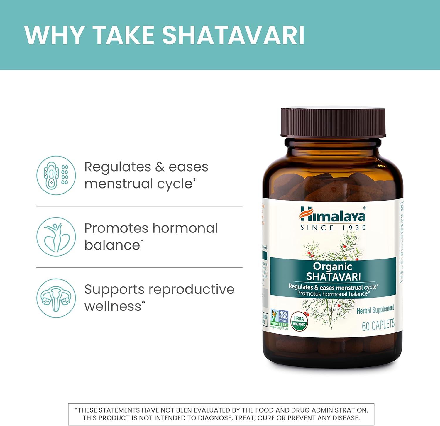 Himalaya Organic Shatavari Caplets for Women's Health - 1,300mg, 2 Month Supply - Menstrual Cramp Relief, Menopause Support - 60 Caplets x 2 Pack