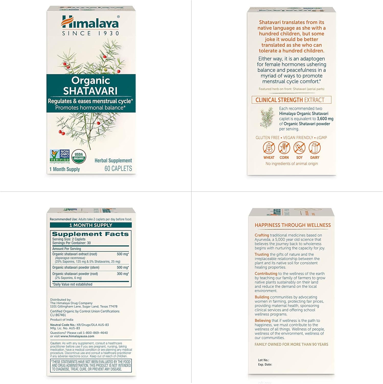 Himalaya Organic Shatavari Caplets for Women's Health - 1,300mg, 2 Month Supply - Menstrual Cramp Relief, Menopause Support - 60 Caplets x 2 Pack