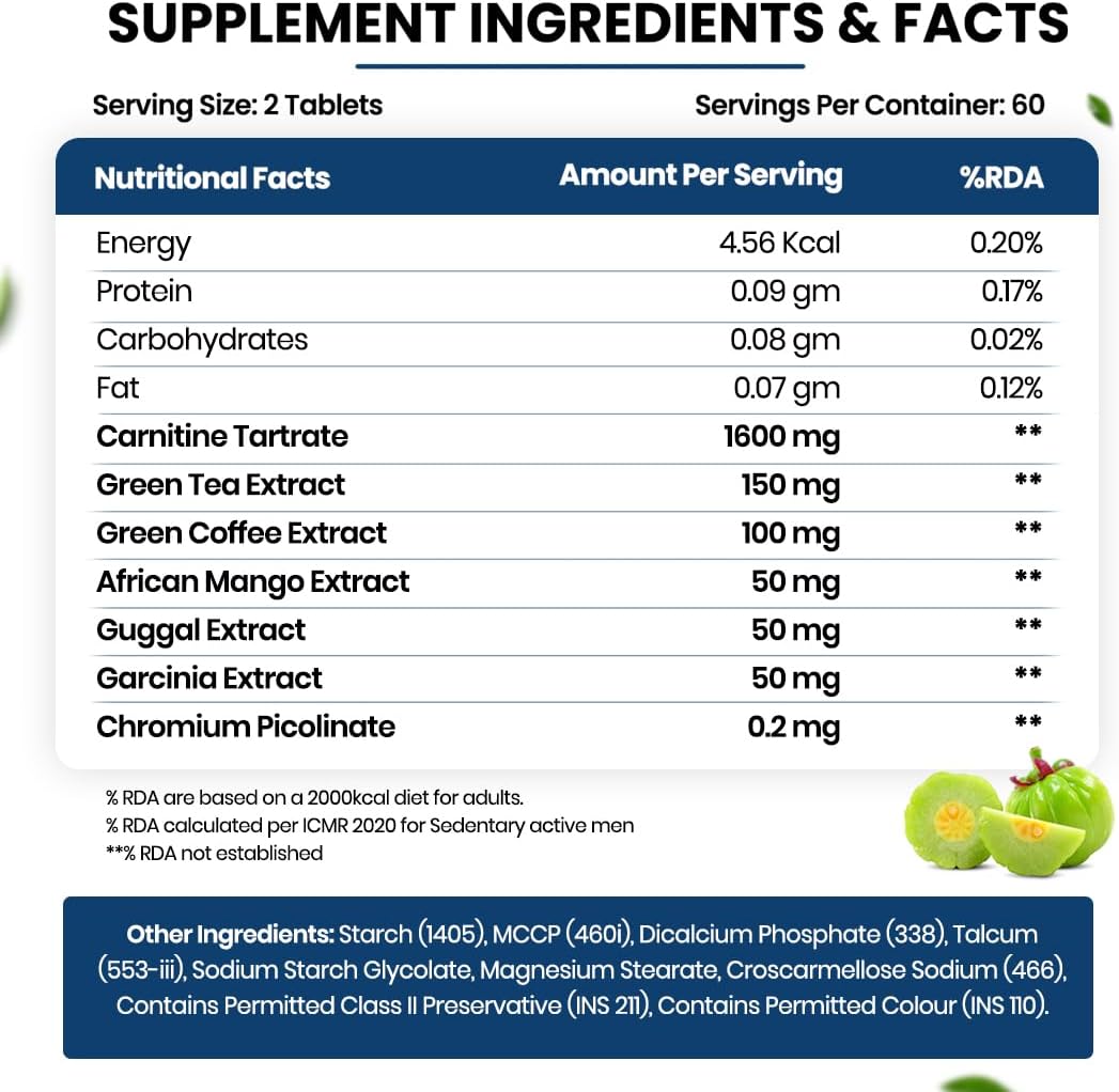 Himalayan Organics L-Carnitine L-Tartrate & Green Tea Extract Tablets - 2000 Mg - Supports Weight Management, Muscle Recovery, Energy, Endurance & Fat Burn - 120 Vegetarian Tabs