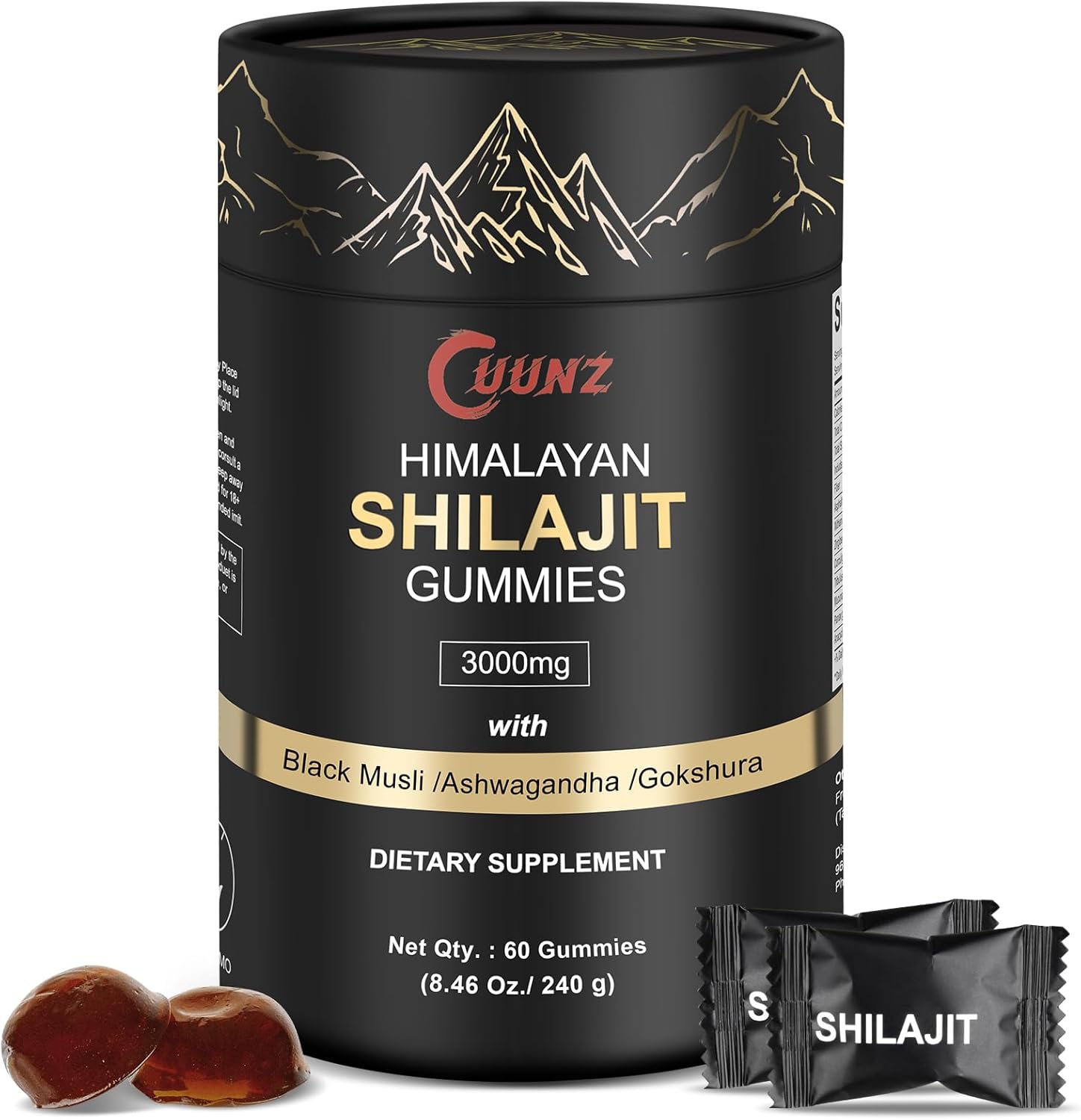Himalayan Shilajit Gummies Gold with Ashwagandha & Gokshura - 85+ Trace Minerals - Sugar-Free for Men and Women - 60 Gummies