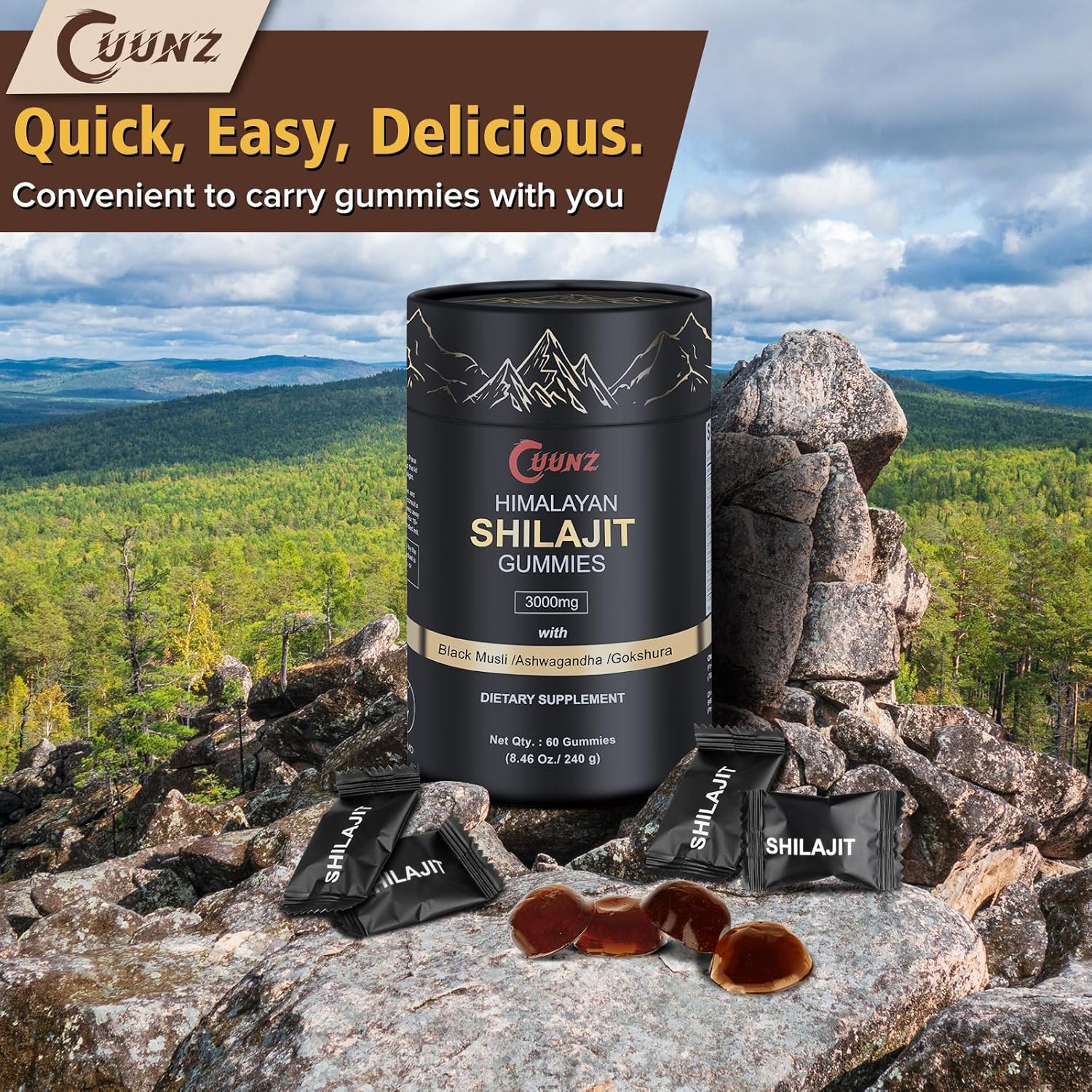 Himalayan Shilajit Gummies Gold with Ashwagandha & Gokshura - 85+ Trace Minerals - Sugar-Free for Men and Women - 60 Gummies