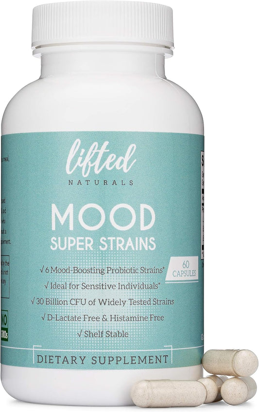 Histamine-Free Mood Super Strains Probiotic - Supports Digestion & Mood - L Rhamnosus GG, 60 Day Supply, Vegan - Lifted Naturals