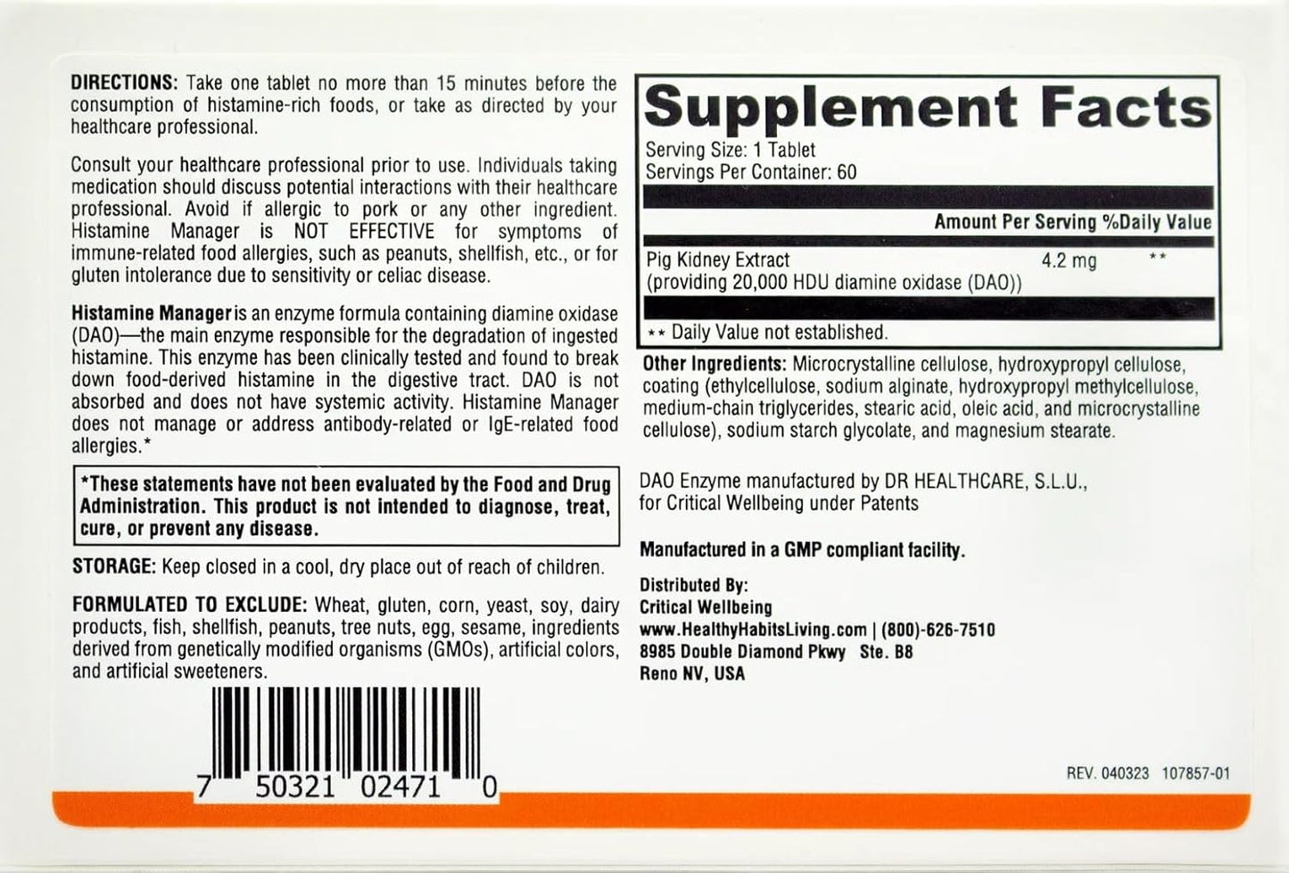 Histamine Manager with 20,000 HDU of Diamine Oxidase DAO - Digestive Enzyme for Food-Derived Histamine Intolerance - 60 Tablets