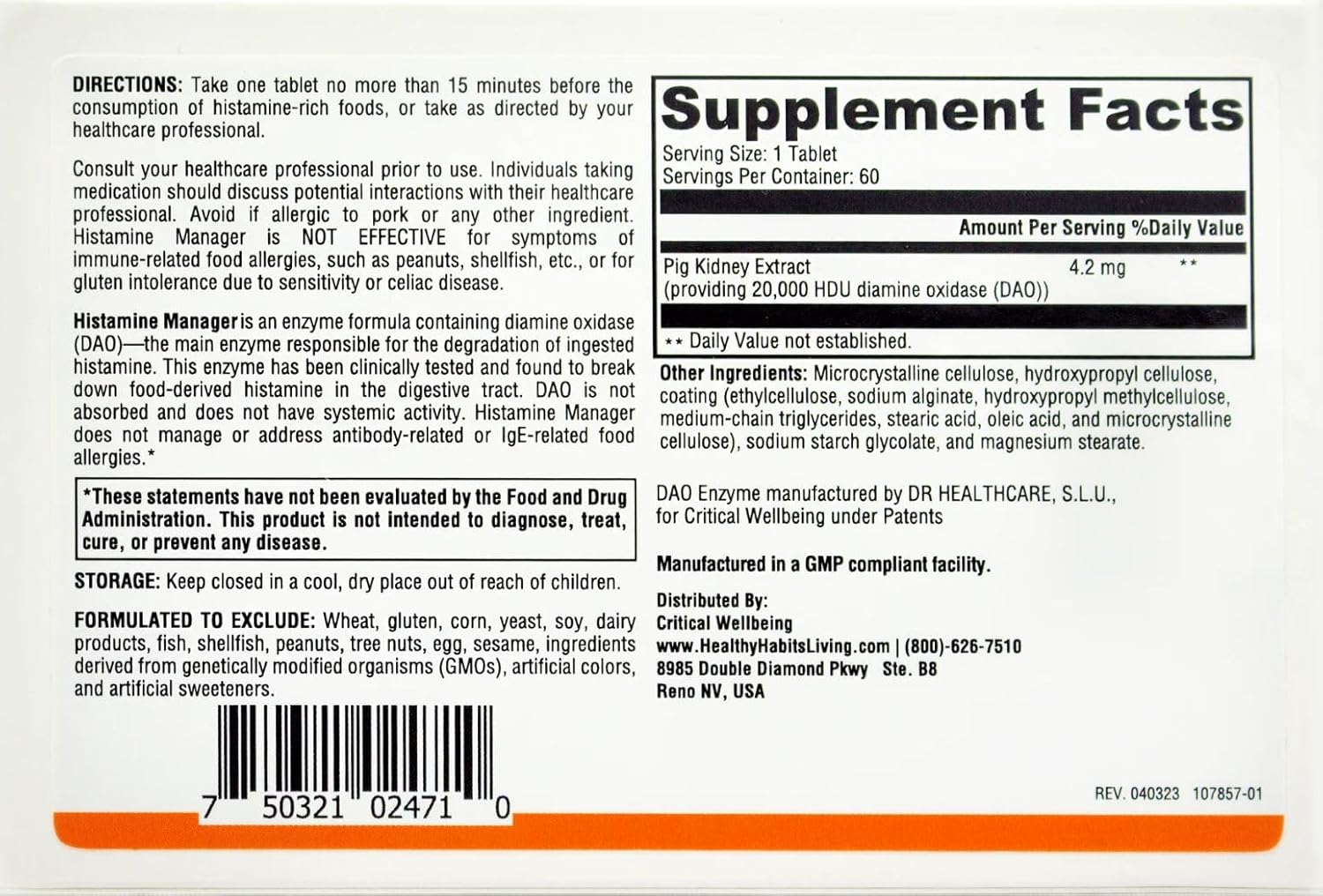 Histamine Manager with 20,000 HDU of Diamine Oxidase DAO - Digestive Enzyme for Food-Derived Histamine Intolerance - 60 Tablets