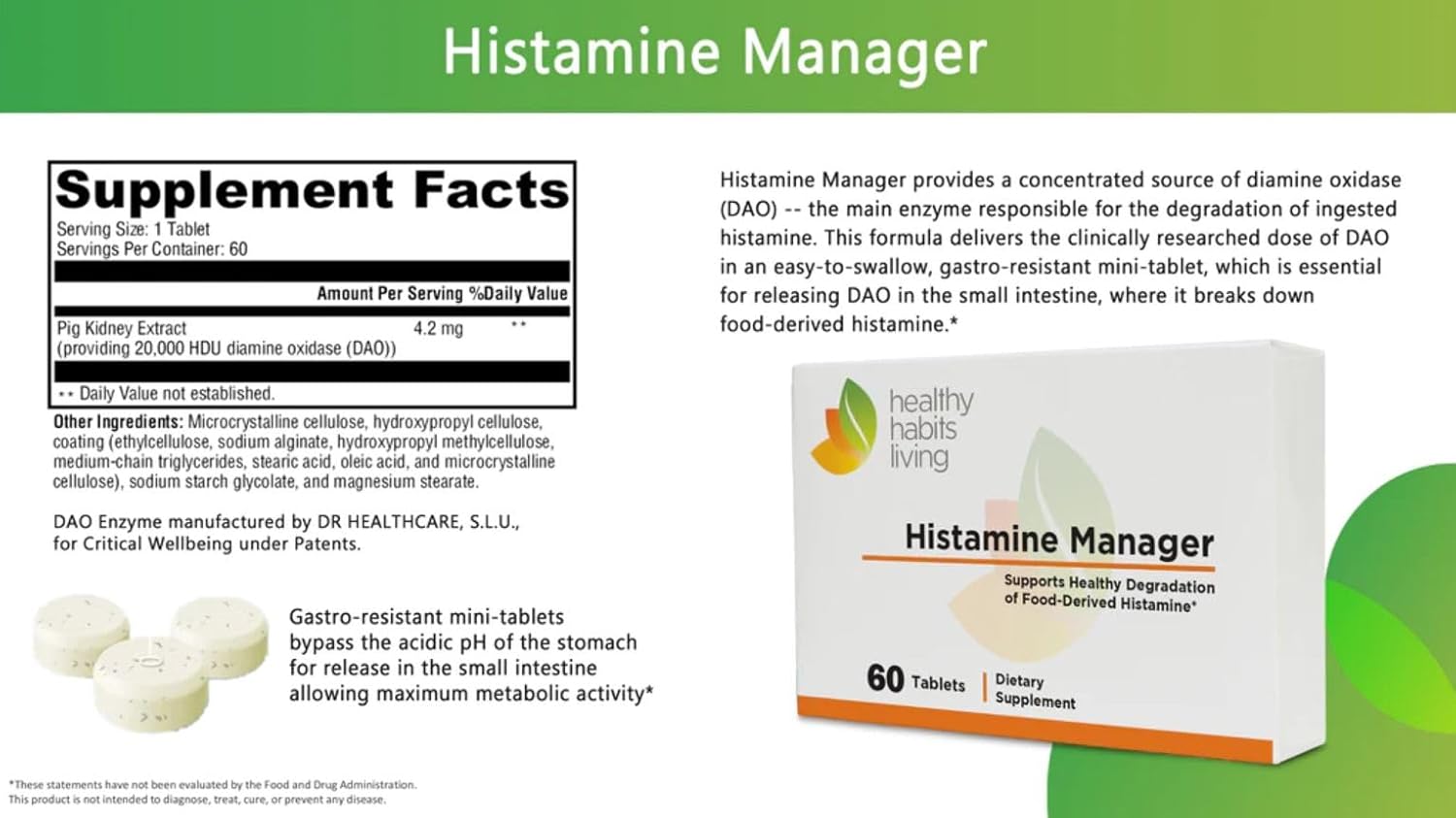 Histamine Manager with 20,000 HDU of Diamine Oxidase DAO - Digestive Enzyme for Food-Derived Histamine Intolerance - 60 Tablets
