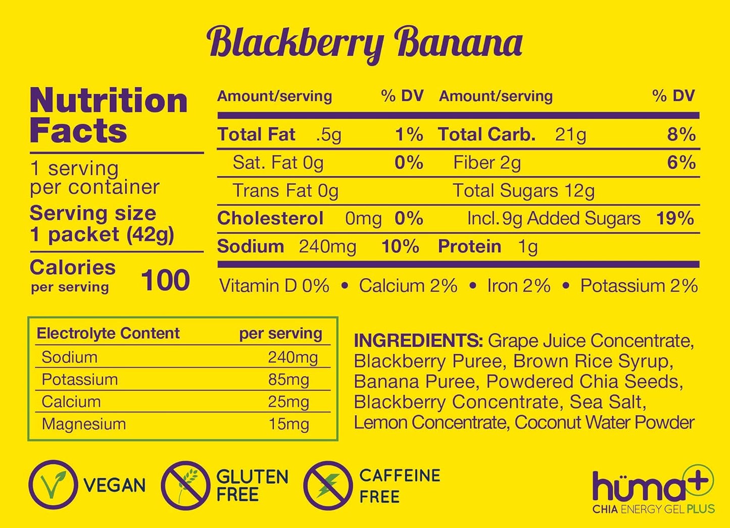 HÜMA CHIA ENERGY GEL Huma Plus (Double Electrolytes) - BlackBerry Banana Flavor, 24 Pack - Real Food Energy Gels, Stomach Friendly Formula