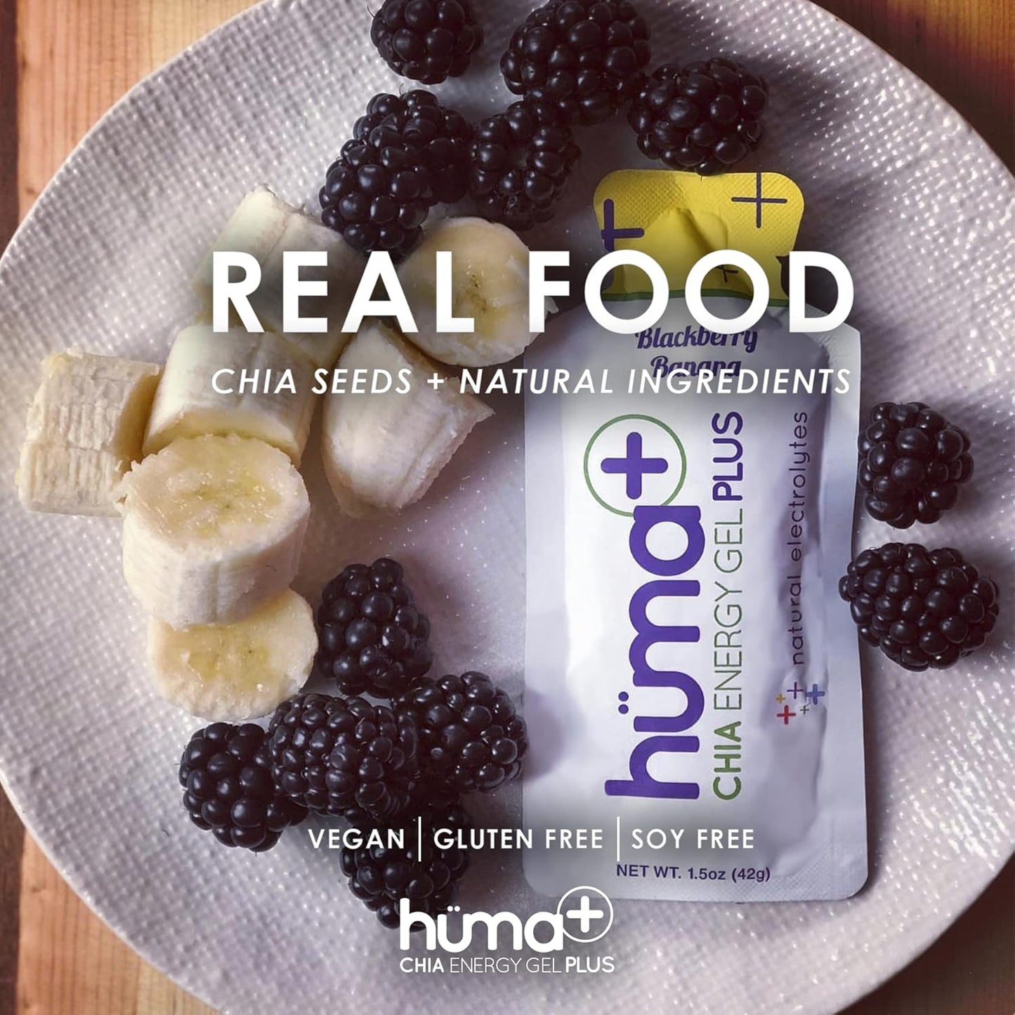HÜMA CHIA ENERGY GEL Huma Plus (Double Electrolytes) - BlackBerry Banana Flavor, 24 Pack - Real Food Energy Gels, Stomach Friendly Formula
