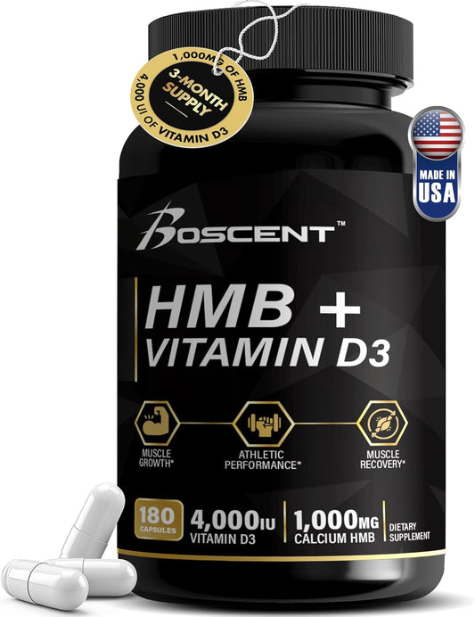 HMB and Vitamin D3 Muscle Builder Supplement - 1,000 MG (180 Capsules) - Promotes Muscle Growth and Strength - B-Hydroxy B-Methylbutyrate Butyrate Formula for Men
