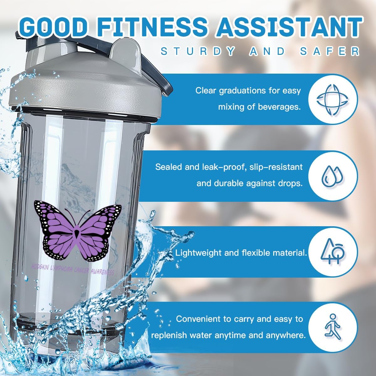 Hodgkin Lymphoma Cancer Awareness 18 oz Shaker Bottle for Pre Workout Protein Shakes and Meal Replacement - Leak-proof Gray Bottle - 500ml/18 oz