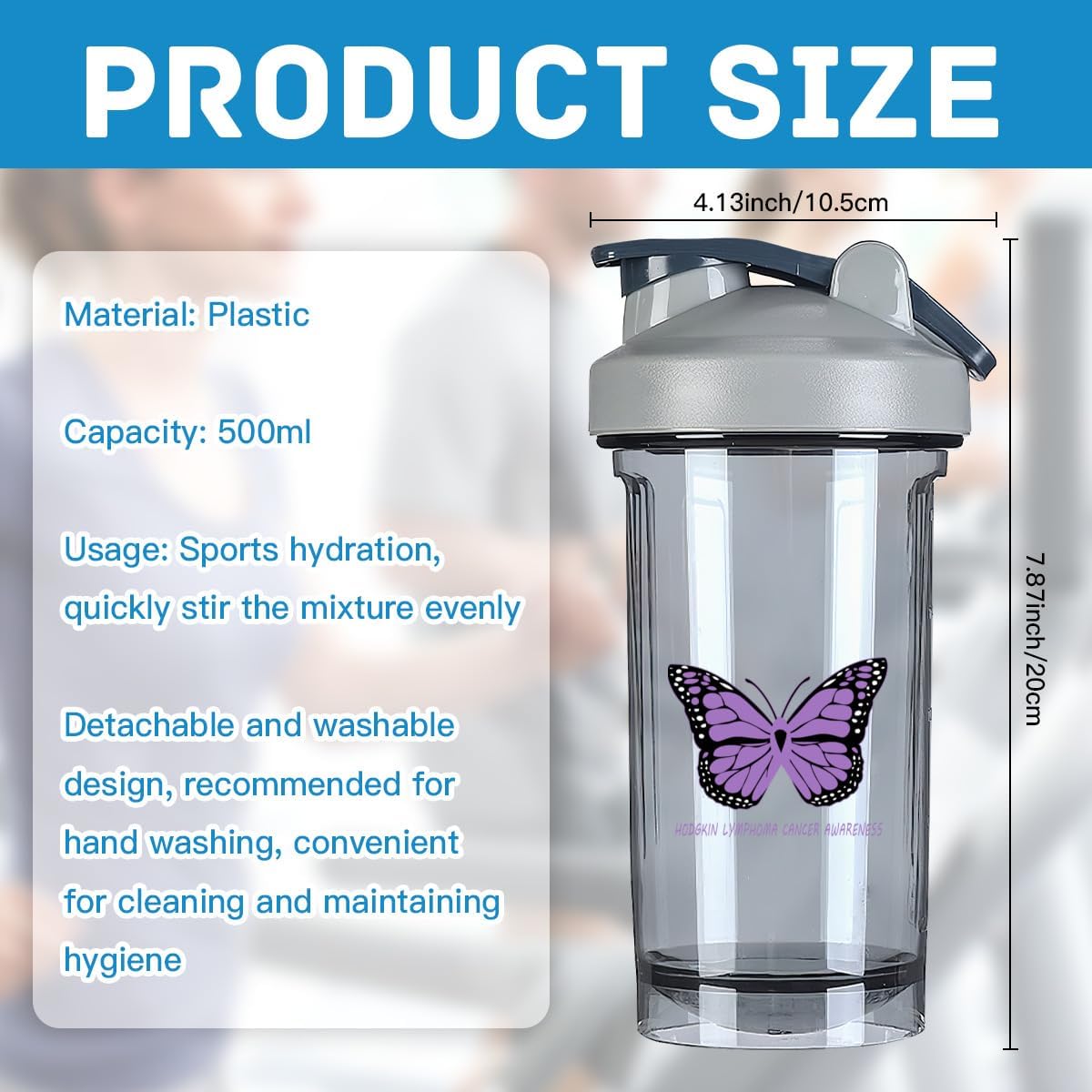 Hodgkin Lymphoma Cancer Awareness 18 oz Shaker Bottle for Pre Workout Protein Shakes and Meal Replacement - Leak-proof Gray Bottle - 500ml/18 oz