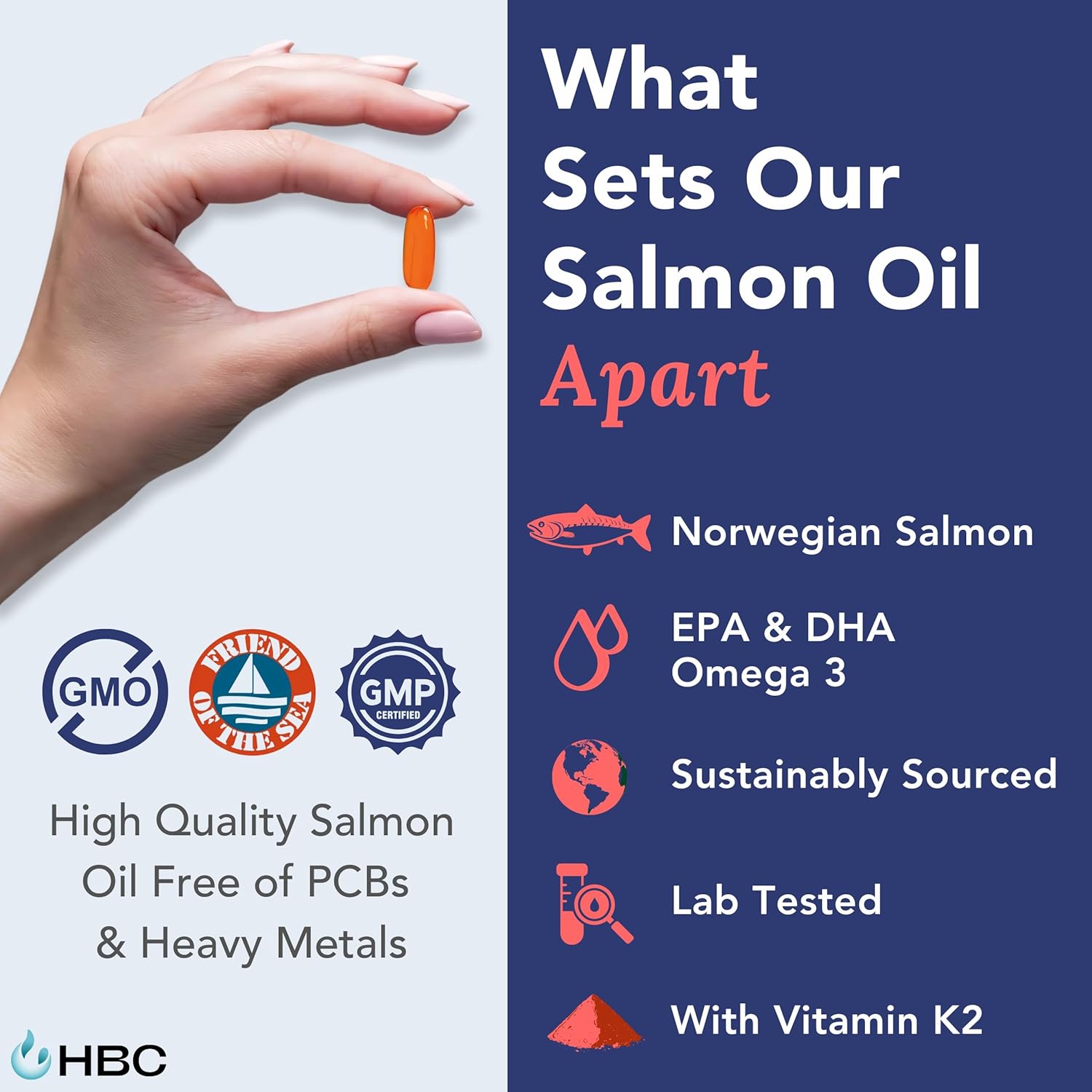 Hofseth BioCare High Strength Omega-3 Fish Oil Capsules - Norwegian Salmon Oil with Vitamin K2, 1000mg EPA & DHA, Burpless - Heart, Brain, Eye, Immunity Support - 90 Count