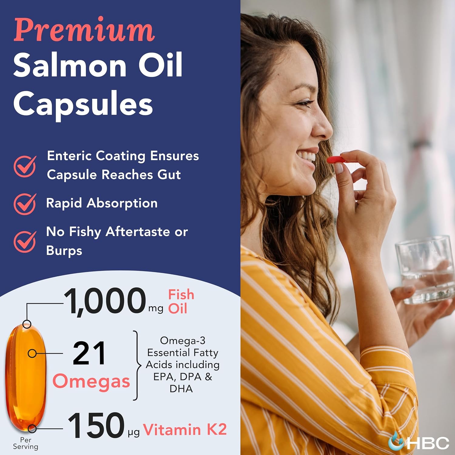 Hofseth BioCare High Strength Omega-3 Fish Oil Capsules - Norwegian Salmon Oil with Vitamin K2, 1000mg EPA & DHA, Burpless - Heart, Brain, Eye, Immunity Support - 90 Count