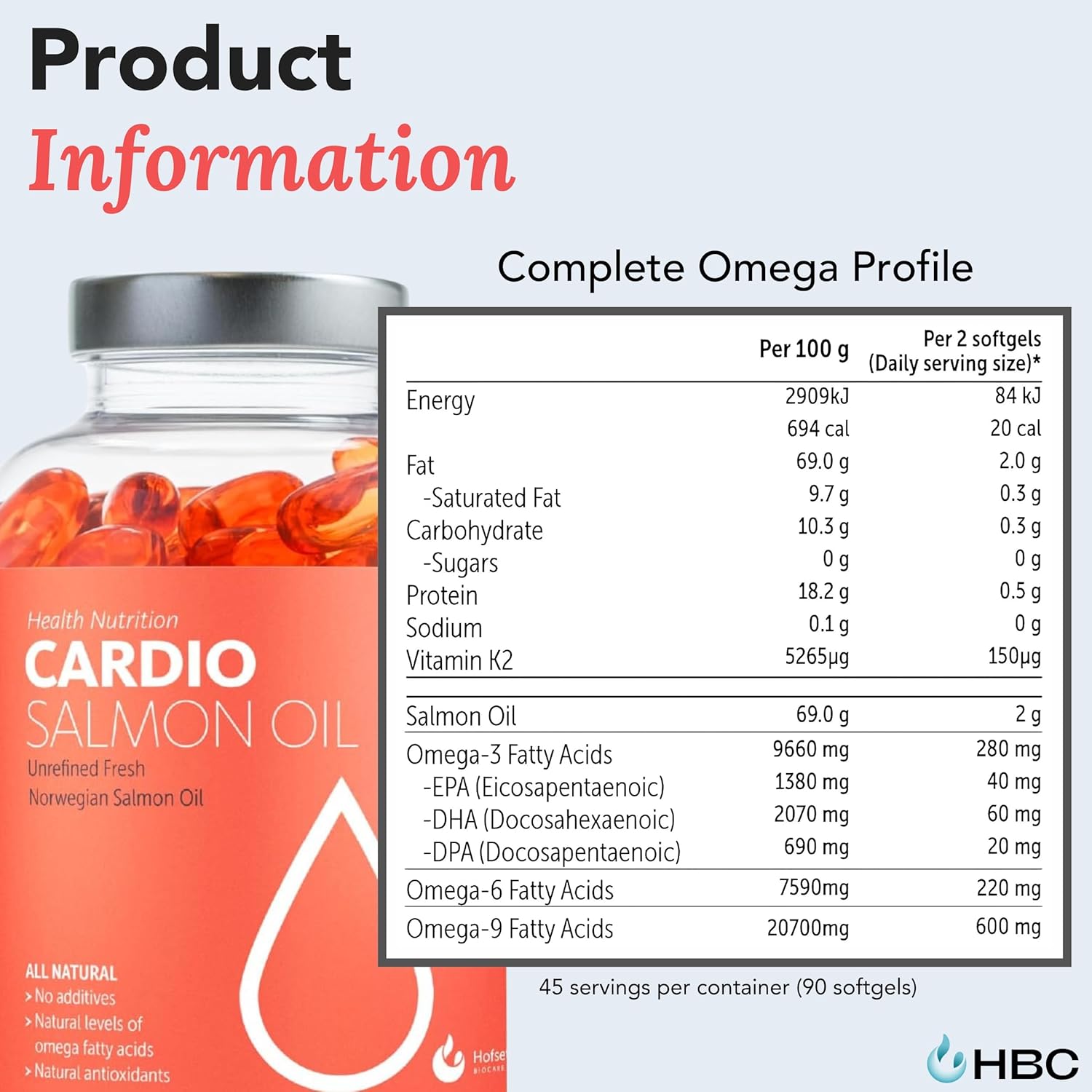 Hofseth BioCare High Strength Omega-3 Fish Oil Capsules - Norwegian Salmon Oil with Vitamin K2, 1000mg EPA & DHA, Burpless - Heart, Brain, Eye, Immunity Support - 90 Count