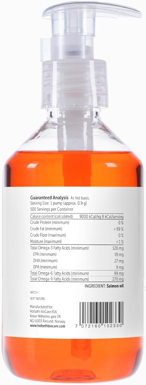 Hofseth BioCare Salmon Oil for Dogs - Natural Norwegian Fish Oil, Omega 3 Supplement for Healthy Skin & Coat, Allergies, Joint Health - 16.9 Oz