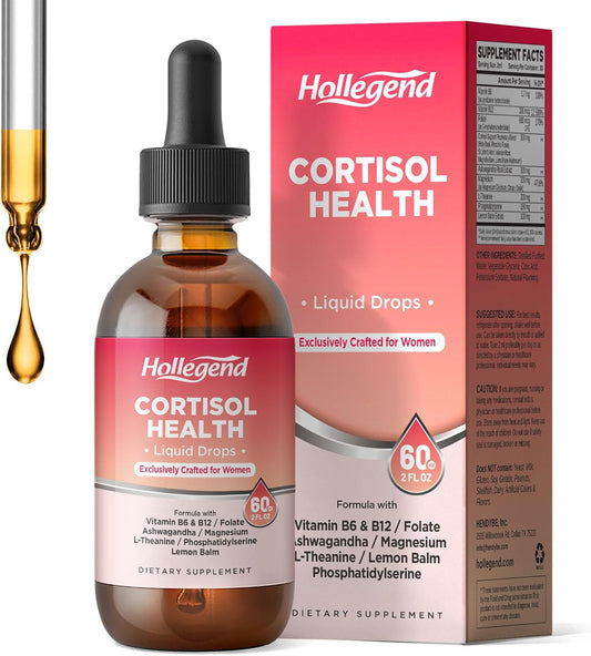 HOLLEGEND Cortisol Reducing Liquid Drops for Women - 16-in-1 Supplement with Ashwagandha, Magnesium, L-Theanine, Folate - Promotes Relaxation and Hormone Balance - Strawberry Flavor