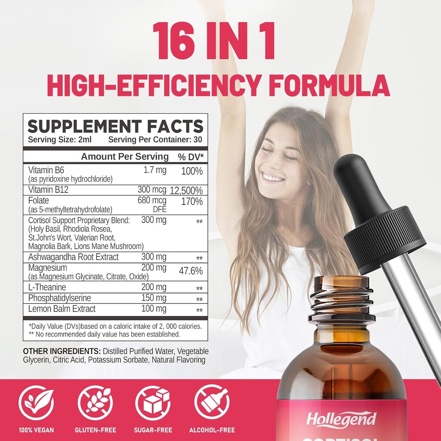 HOLLEGEND Cortisol Reducing Liquid Drops for Women - 16-in-1 Supplement with Ashwagandha, Magnesium, L-Theanine, Folate - Promotes Relaxation and Hormone Balance - Strawberry Flavor