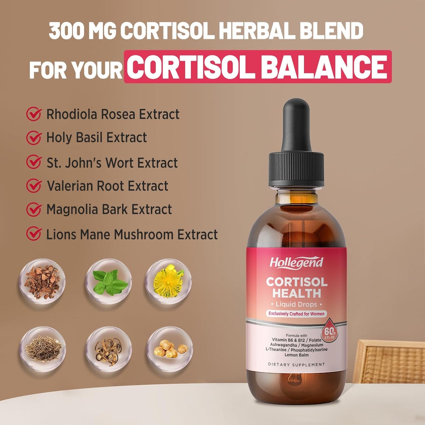HOLLEGEND Cortisol Reducing Liquid Drops for Women - 16-in-1 Supplement with Ashwagandha, Magnesium, L-Theanine, Folate - Promotes Relaxation and Hormone Balance - Strawberry Flavor