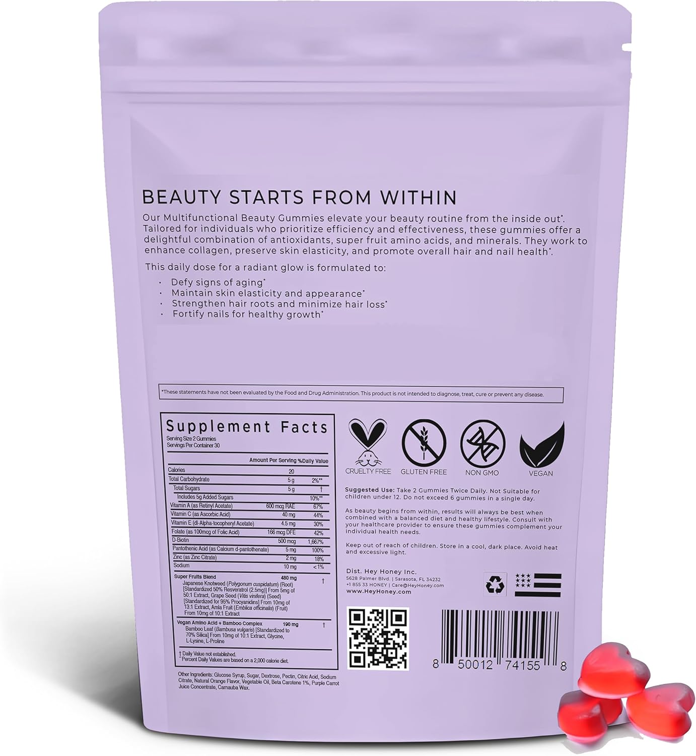 Honey Skincare Vegan Gummies for Radiant Skin, Hair, Nails, Wrinkle Support - 60 Count, Gluten Free, Non GMO, Citrus Flavor