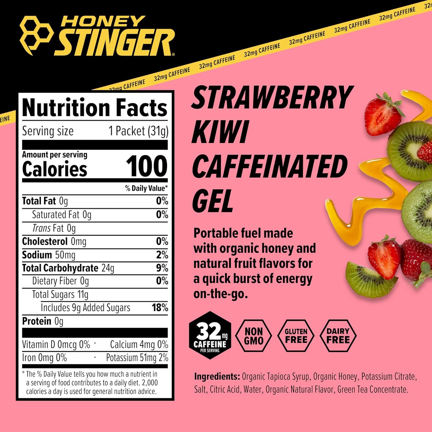 Honey Stinger Organic Strawberry Kiwi Energy Gel - Caffeinated & Gluten Free - 12 Pack, 13.2 oz - Sports Nutrition for Exercise, Running, Performance - Home & Gym - Pre & Mid Workout