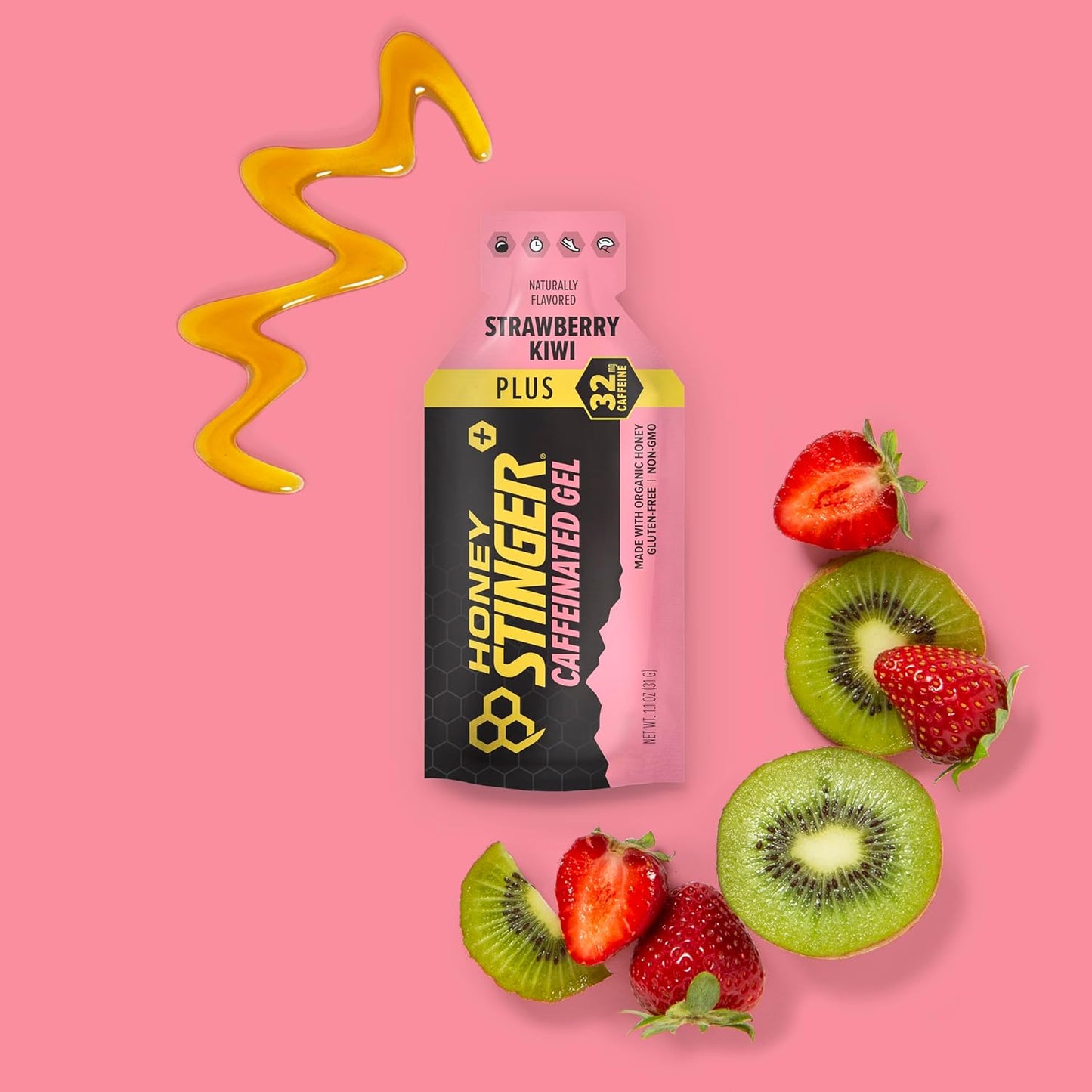 Honey Stinger Organic Strawberry Kiwi Energy Gel - Caffeinated & Gluten Free - 12 Pack, 13.2 oz - Sports Nutrition for Exercise, Running, Performance - Home & Gym - Pre & Mid Workout