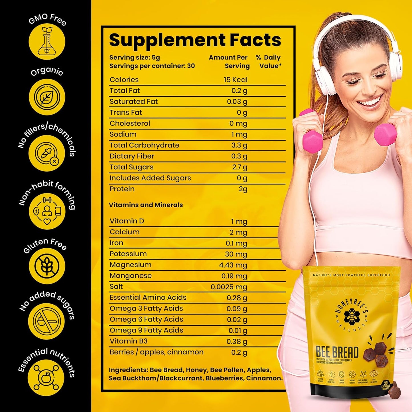 Honeybee's Wellness Bee Bread: Natural Multivitamin Superfood with Bee Pollen, Propolis, and Berries for Energy, Immunity, and Vitality