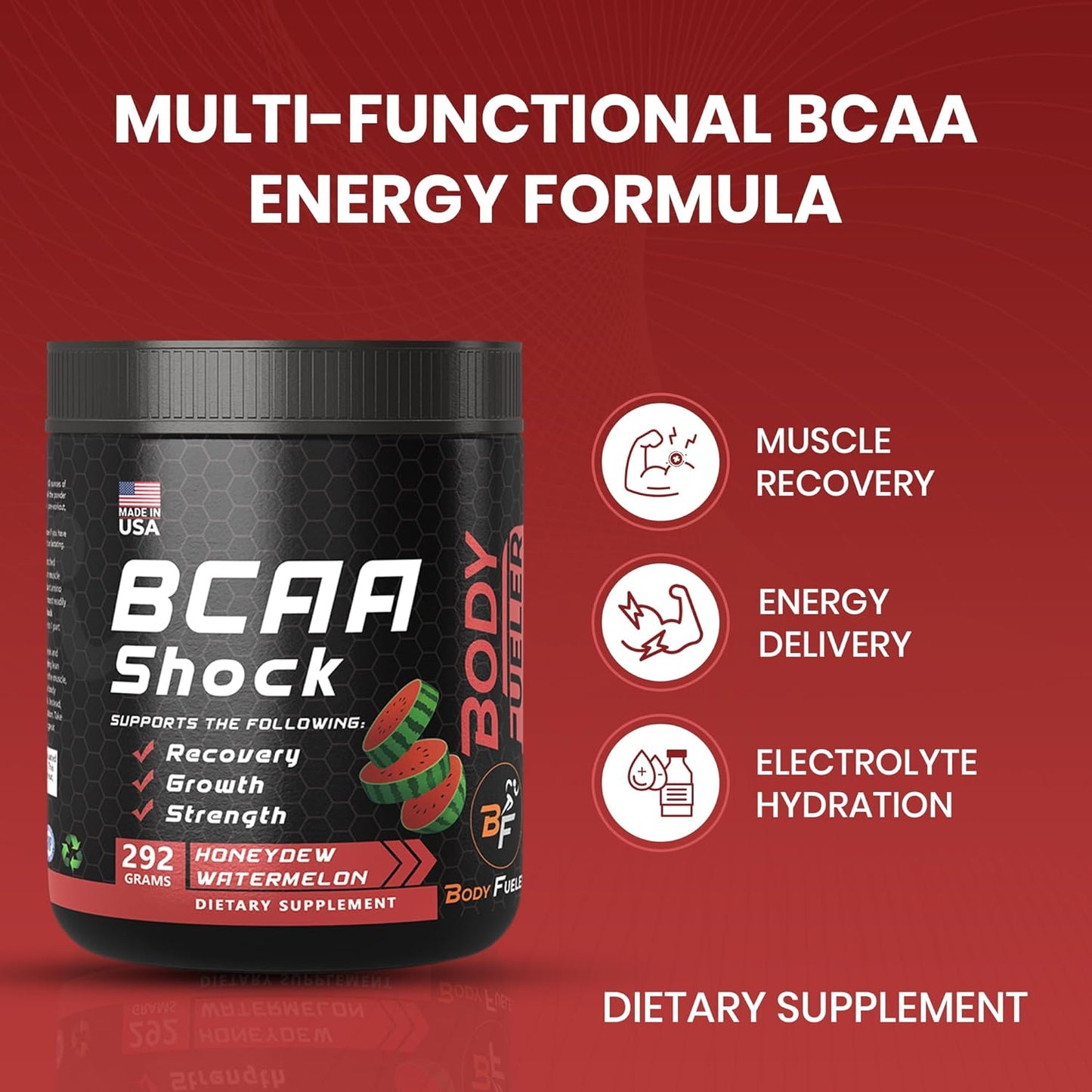 Honeydew Flavored BCAA Energy Powder for Muscle Recovery & Growth, Intra & Post Workout Drink - 292g Made in USA