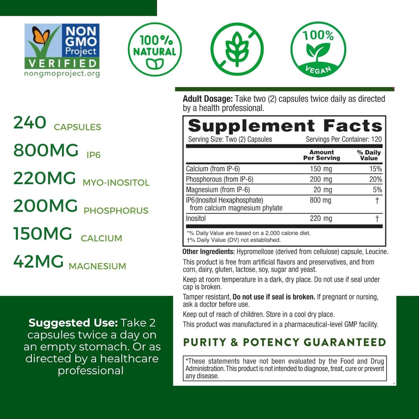 Hope Science IP6 Inositol 1020MG - 240 Capsules - Non-GMO, Natural, Medical Grade - Made in USA - Includes FREE 'Research on IP6' Book