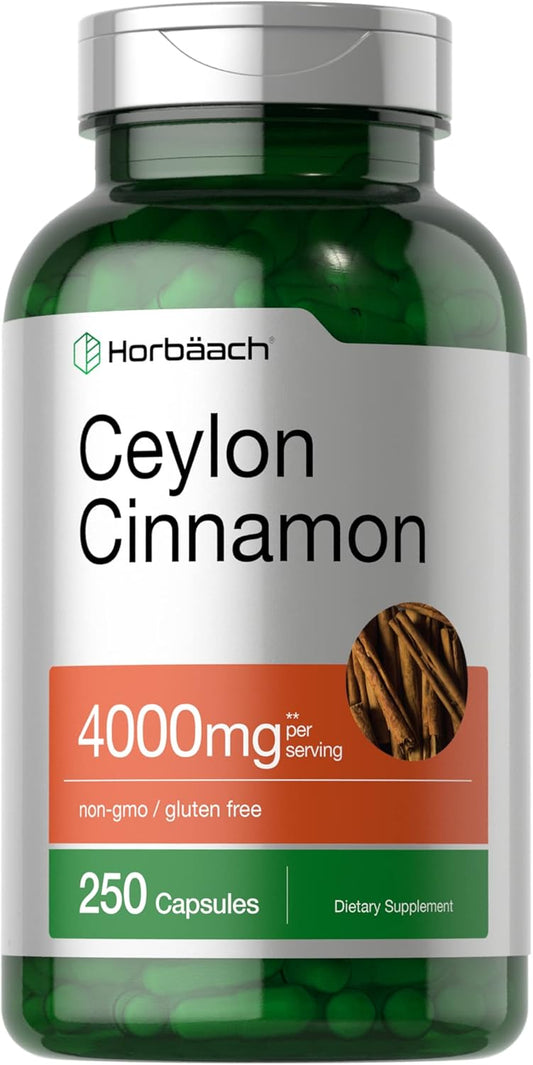 Horbäach Ceylon Cinnamon Capsules 4000mg - 250 Count, Non-GMO, Gluten-Free Supplement