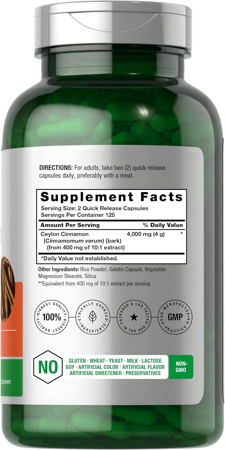 Horbäach Ceylon Cinnamon Capsules 4000mg - 250 Count, Non-GMO, Gluten-Free Supplement