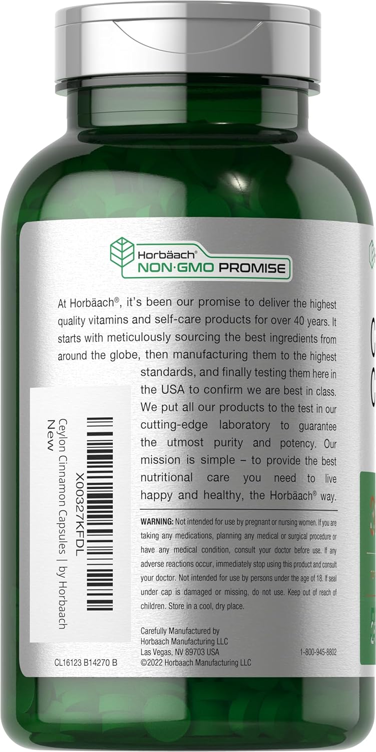 Horbäach Ceylon Cinnamon Capsules 4000mg - 250 Count, Non-GMO, Gluten-Free Supplement