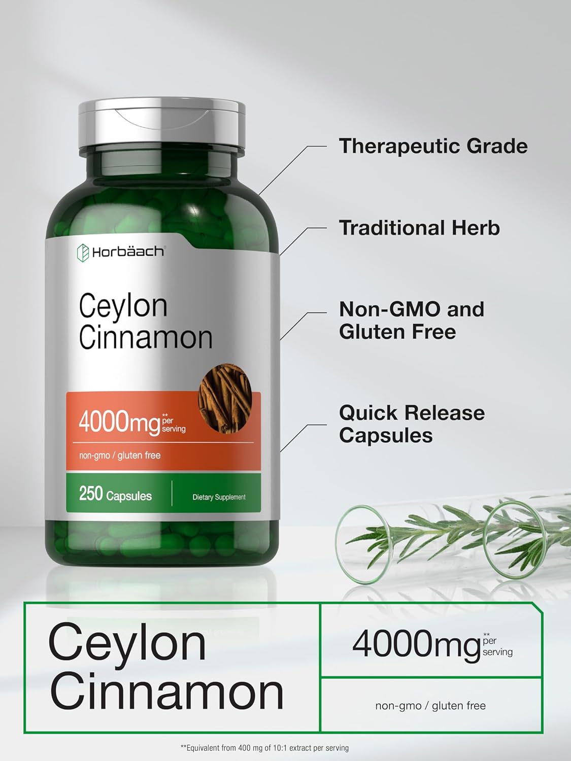 Horbäach Ceylon Cinnamon Capsules 4000mg - 250 Count, Non-GMO, Gluten-Free Supplement