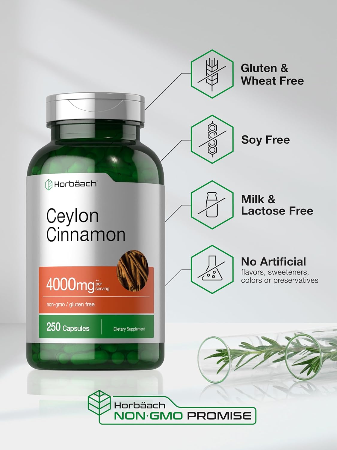Horbäach Ceylon Cinnamon Capsules 4000mg - 250 Count, Non-GMO, Gluten-Free Supplement
