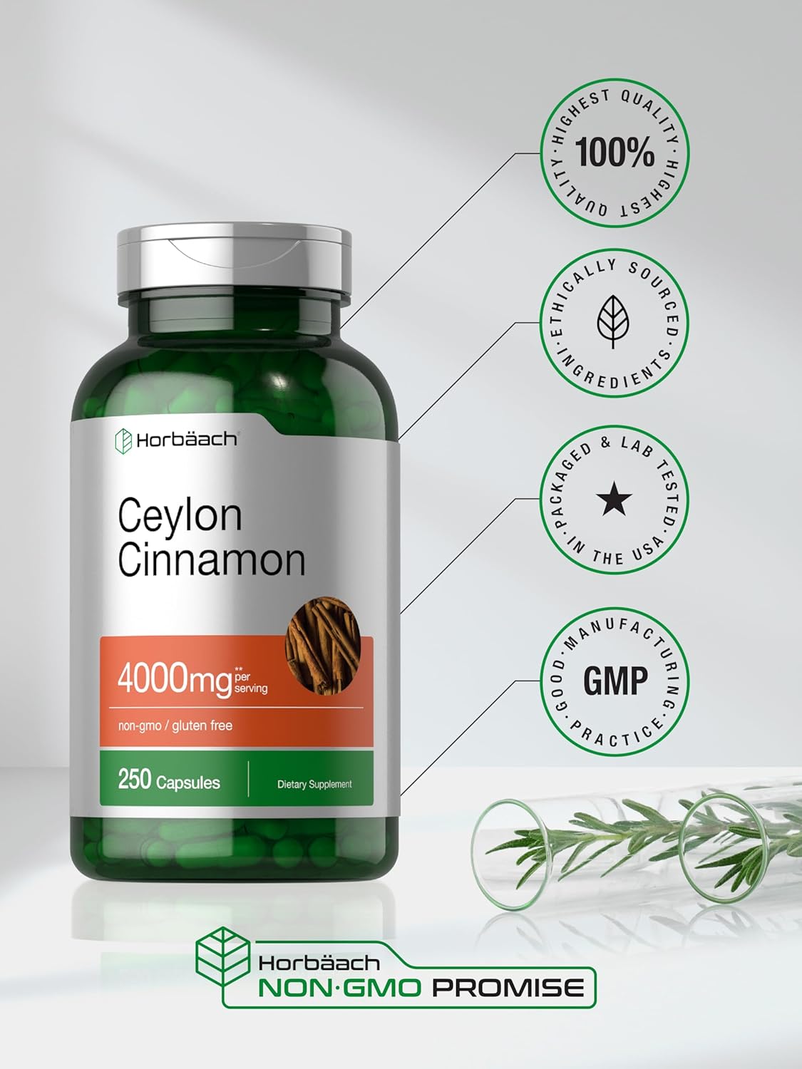 Horbäach Ceylon Cinnamon Capsules 4000mg - 250 Count, Non-GMO, Gluten-Free Supplement
