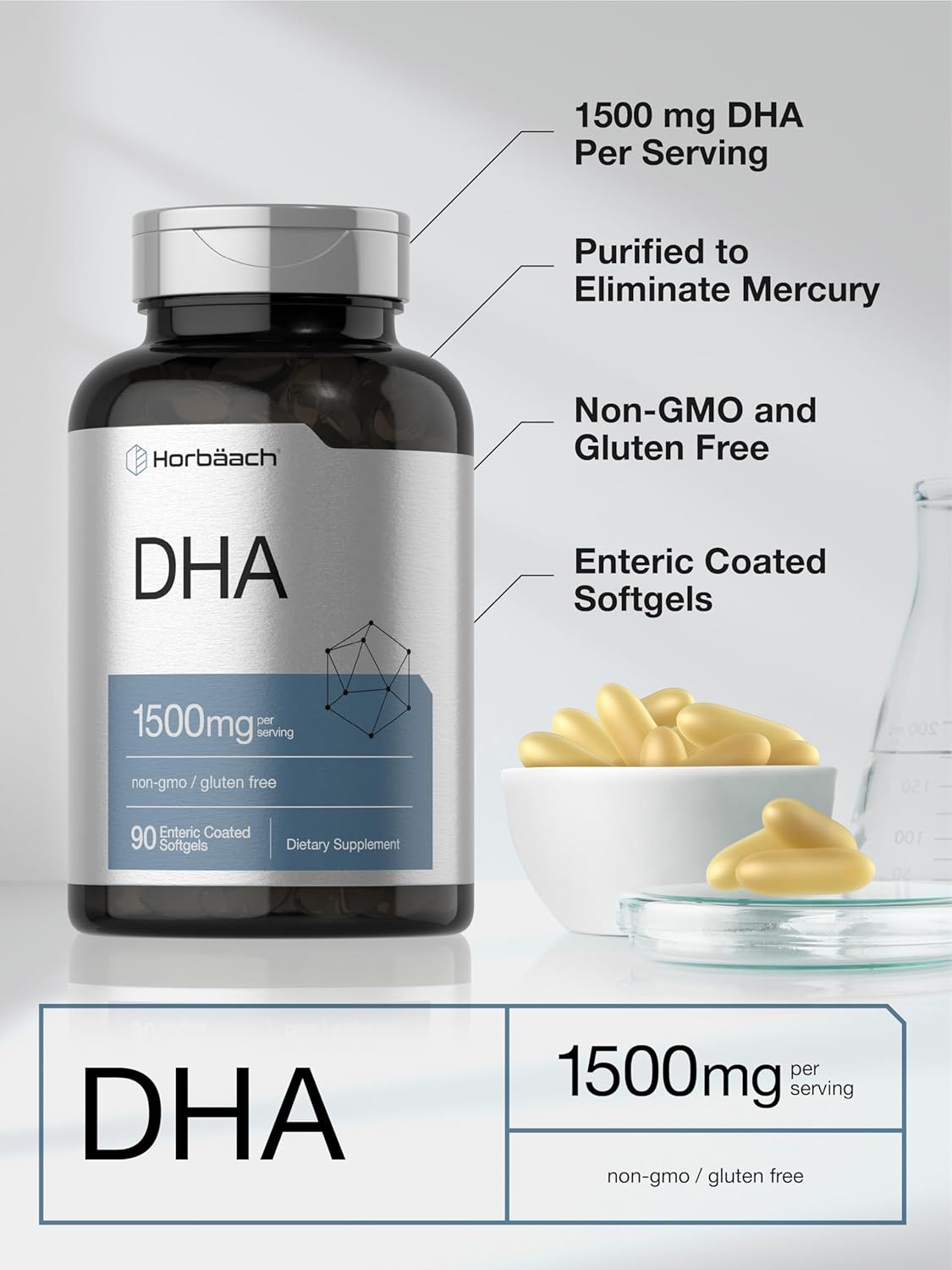 Horbäach DHA Supplement 1500mg Softgels - 90 Count, EPA Omega 3, Non-GMO Gluten-Free