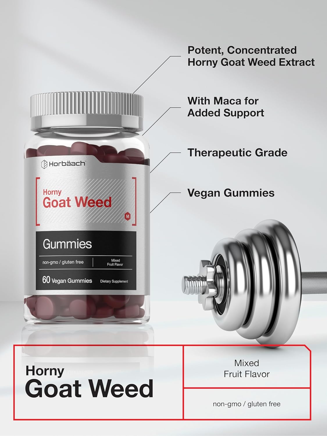 Horbäach Horny Goat Weed Gummies with Maca - 60 Mixed Fruit Vegan Gummies for Men and Women - Non-GMO Formula