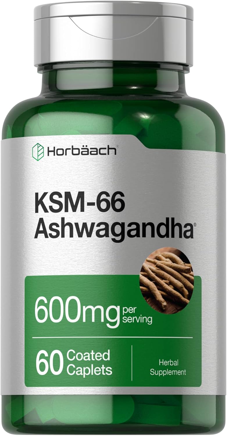 Horbäach KSM-66 Ashwagandha with L-Theanine | 600mg | 60 Coated Caplets | Vegan, Non-GMO, Gluten Free Supplement