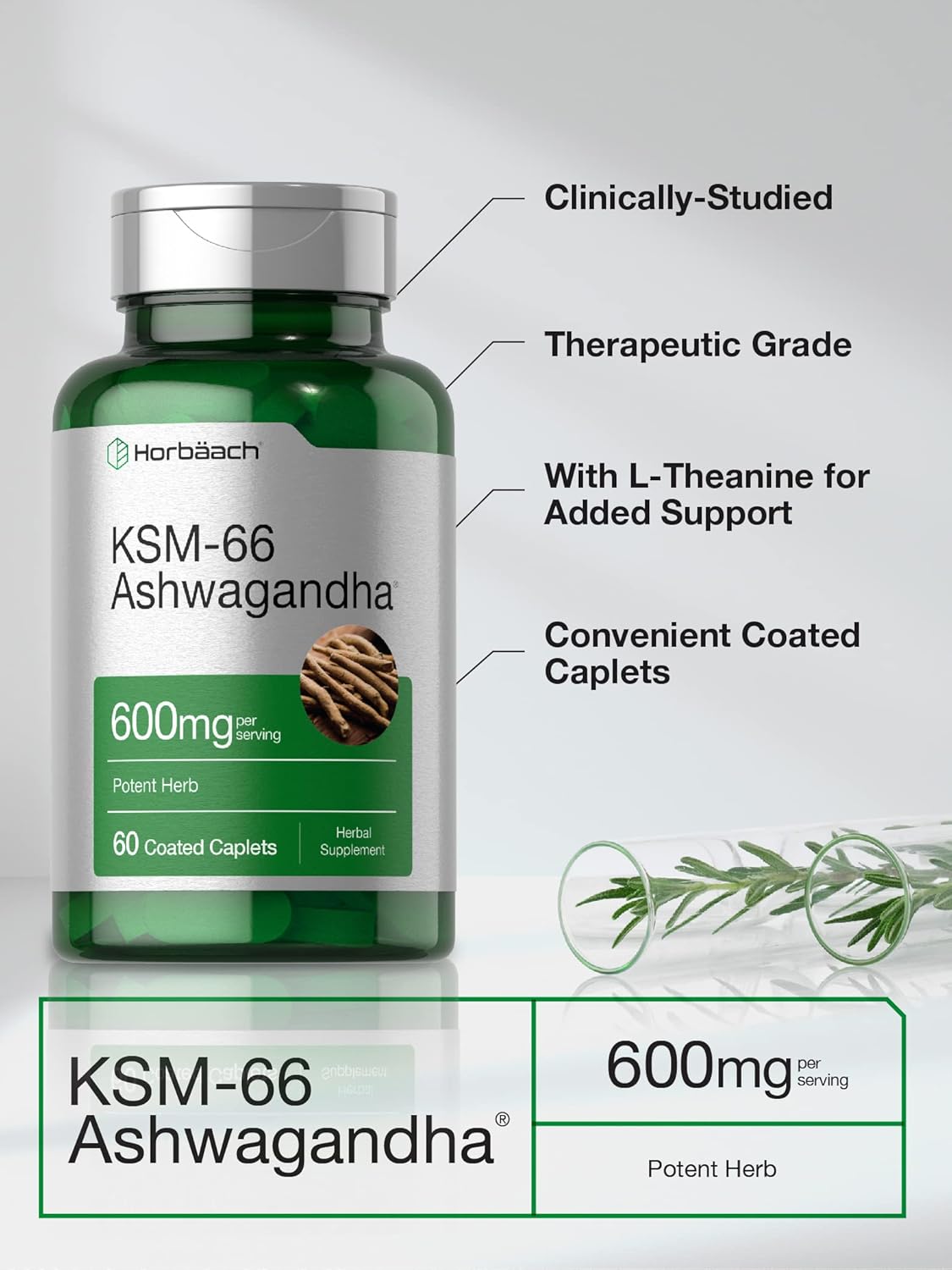 Horbäach KSM-66 Ashwagandha with L-Theanine | 600mg | 60 Coated Caplets | Vegan, Non-GMO, Gluten Free Supplement