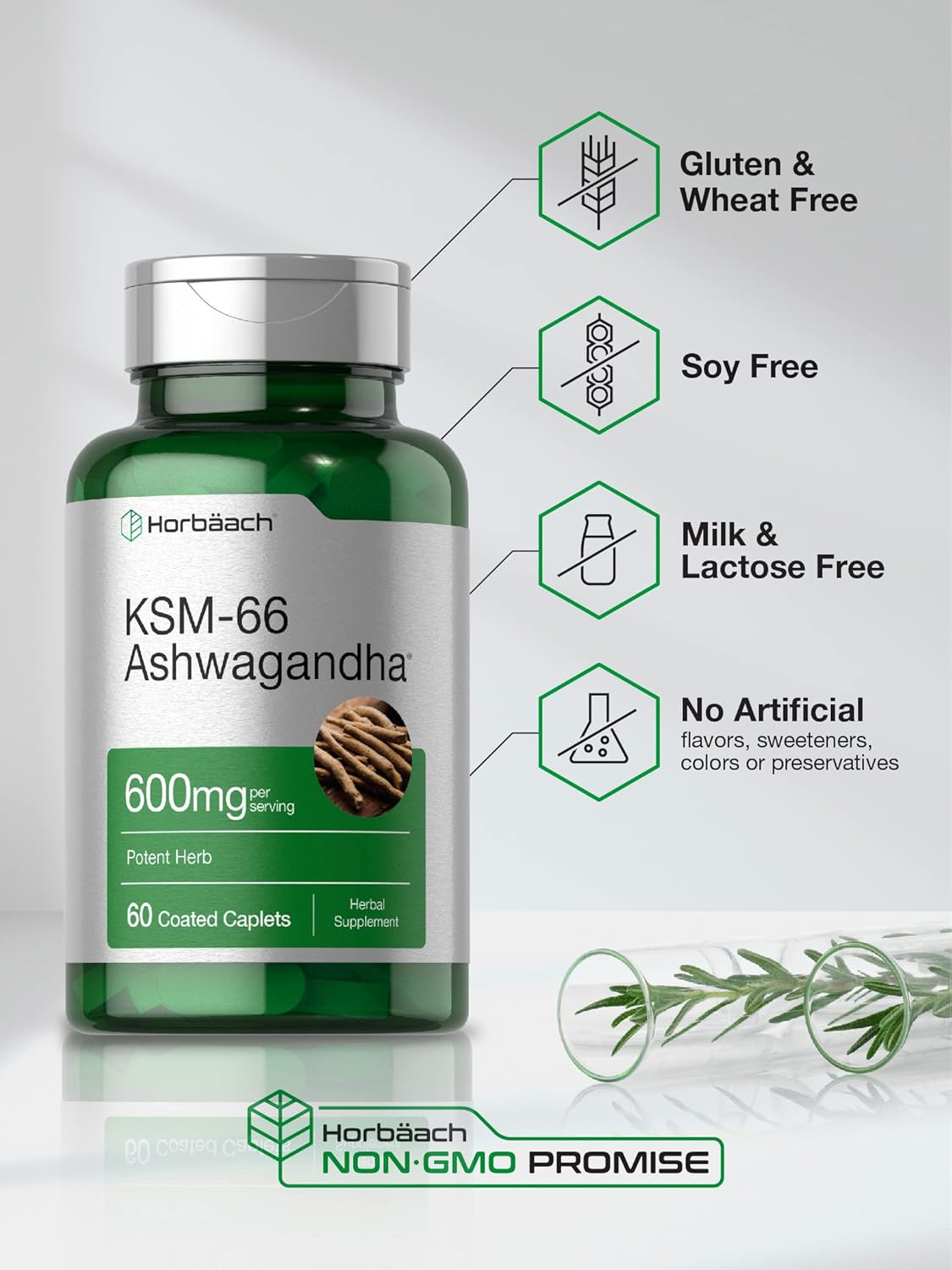Horbäach KSM-66 Ashwagandha with L-Theanine | 600mg | 60 Coated Caplets | Vegan, Non-GMO, Gluten Free Supplement