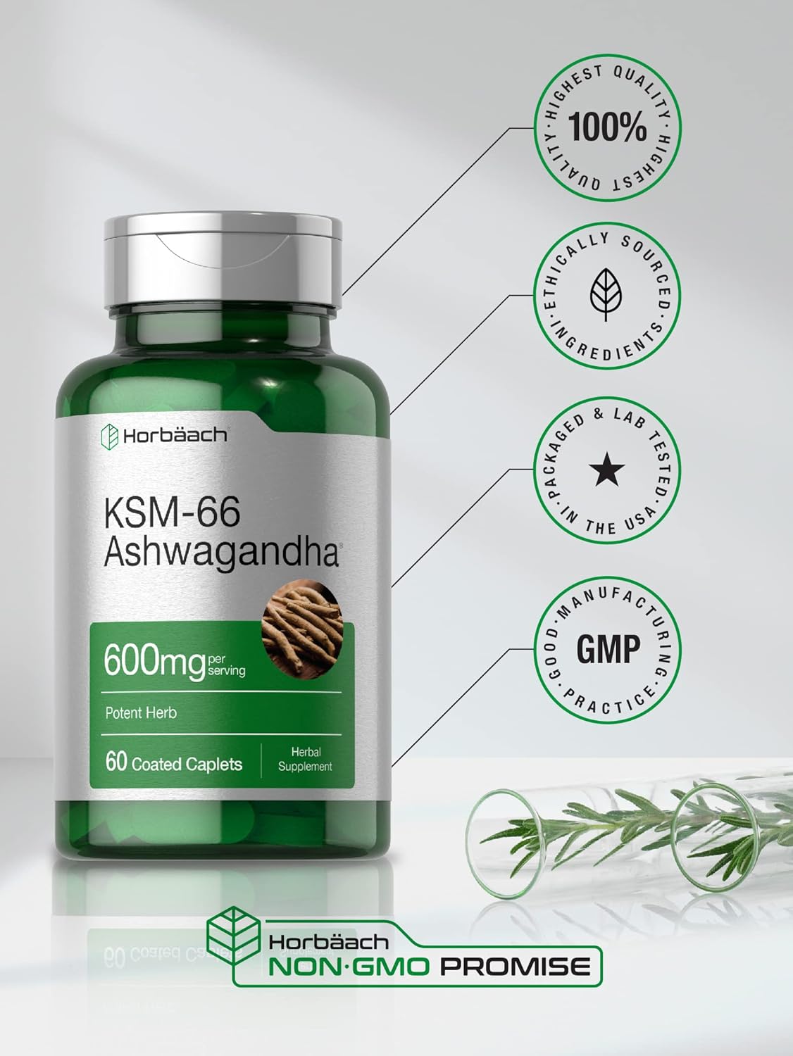 Horbäach KSM-66 Ashwagandha with L-Theanine | 600mg | 60 Coated Caplets | Vegan, Non-GMO, Gluten Free Supplement