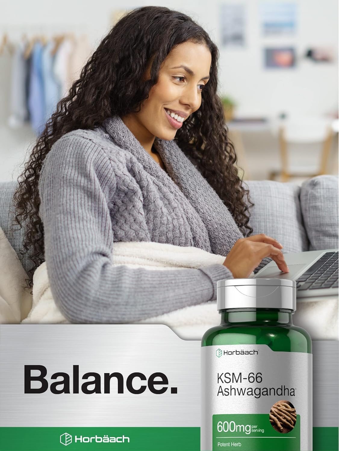 Horbäach KSM-66 Ashwagandha with L-Theanine | 600mg | 60 Coated Caplets | Vegan, Non-GMO, Gluten Free Supplement