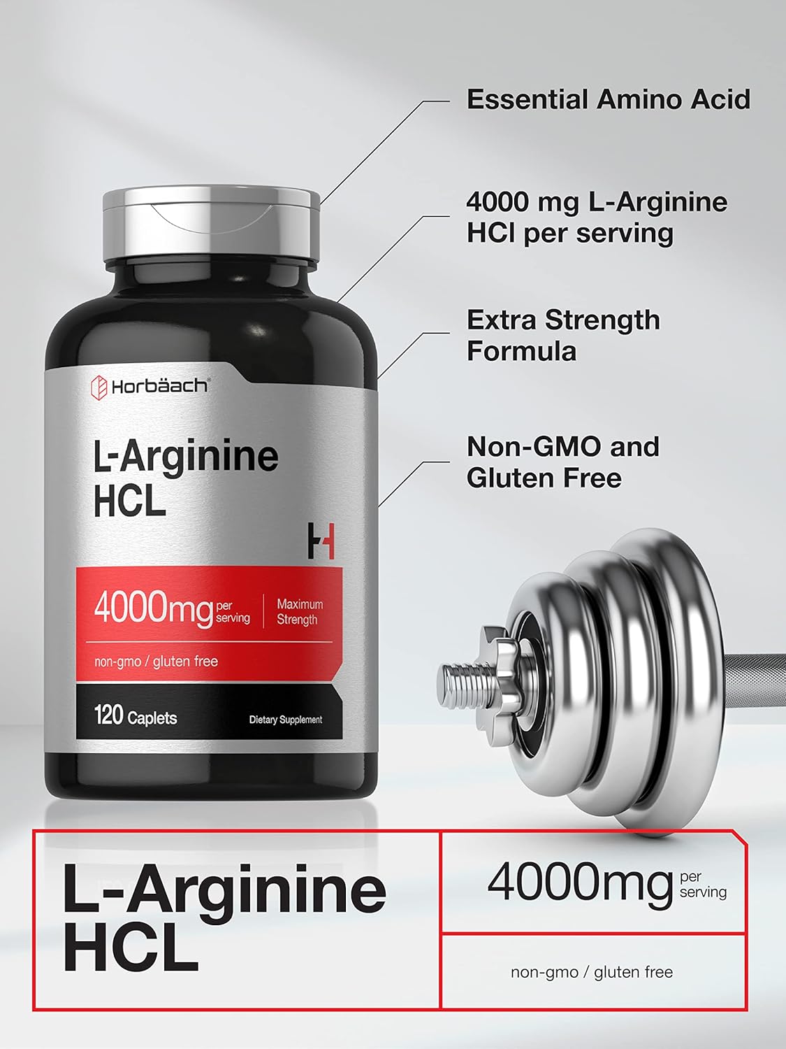 Horbäach L-Arginine 4000mg Caplets - Maximum Strength Nitric Oxide for Men and Women - Vegetarian, Non-GMO, Gluten Free - 120 Count