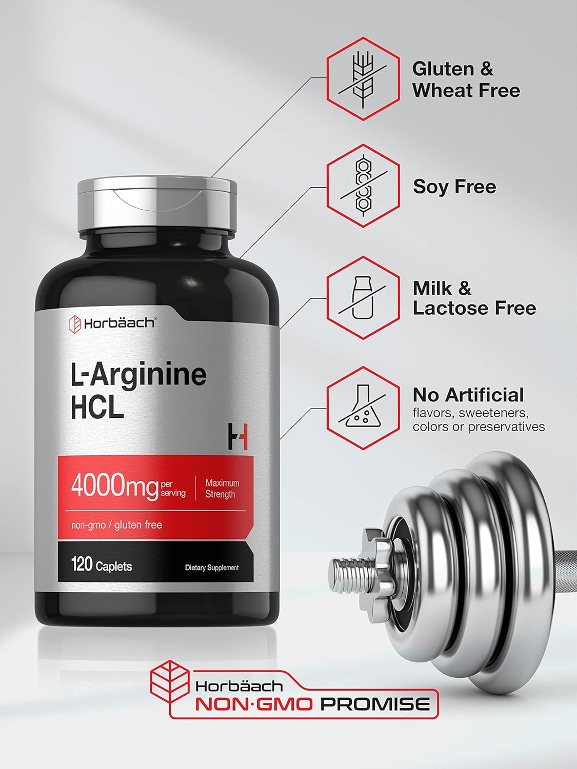 Horbäach L-Arginine 4000mg Caplets - Maximum Strength Nitric Oxide for Men and Women - Vegetarian, Non-GMO, Gluten Free - 120 Count