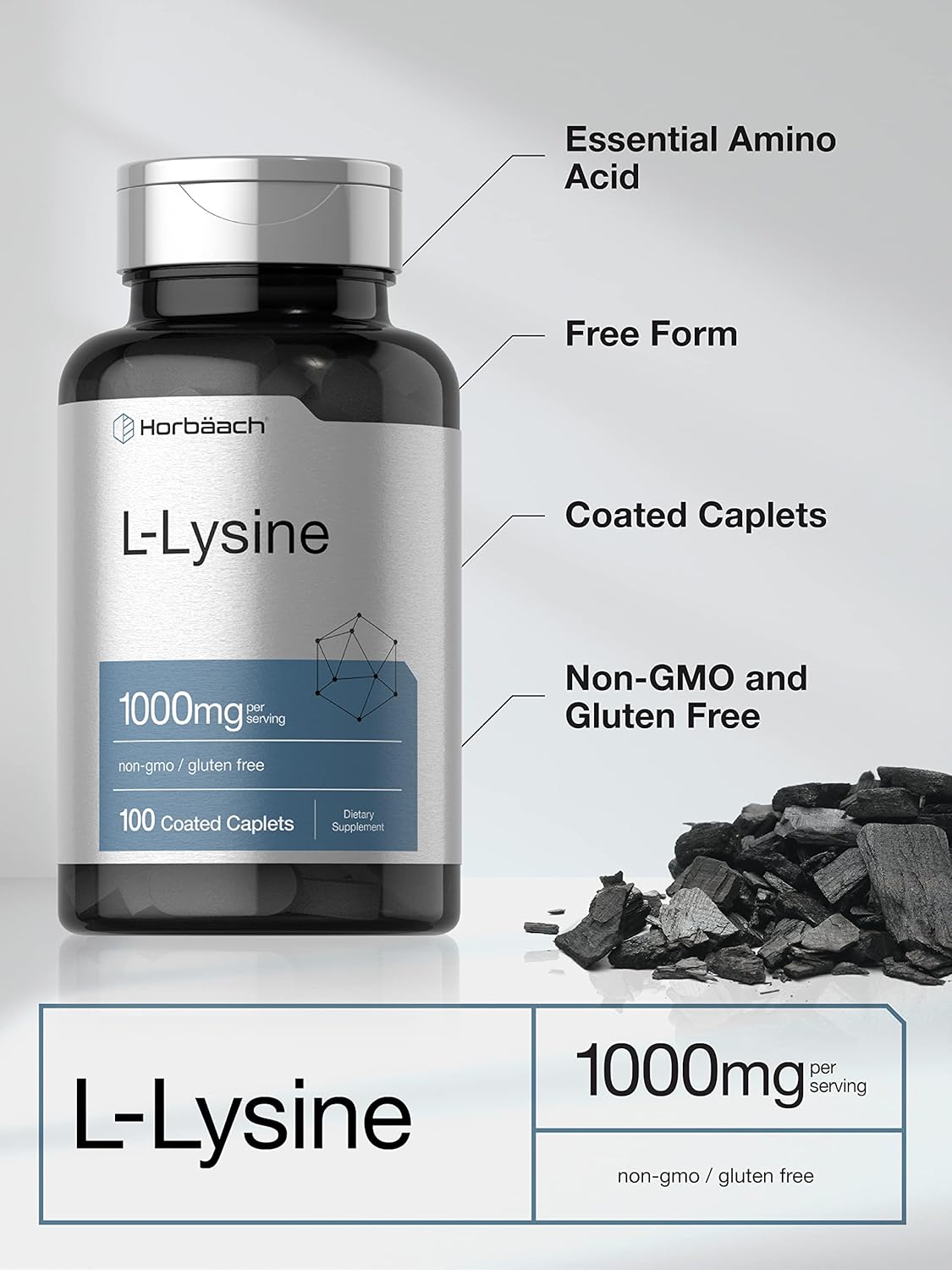 Horbäach L-Lysine 1000mg Coated Caplets - Essential Amino Acid Supplement for Vegetarians, Non-GMO & Gluten Free