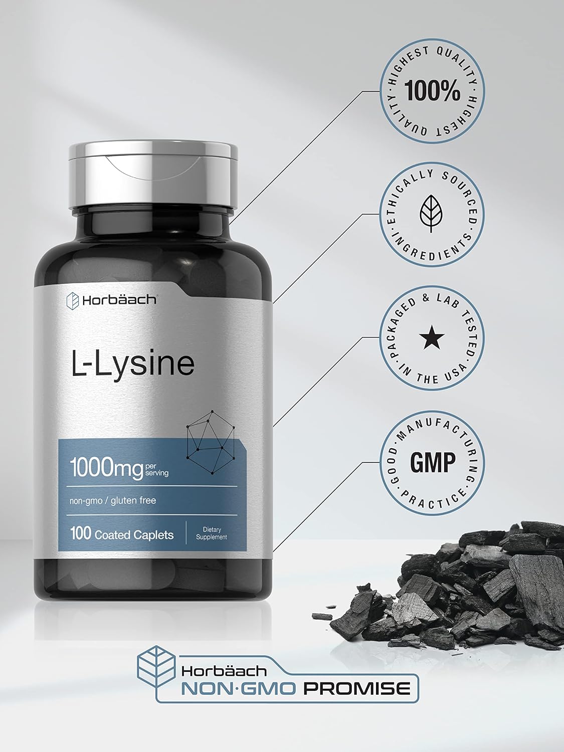 Horbäach L-Lysine 1000mg Coated Caplets - Essential Amino Acid Supplement for Vegetarians, Non-GMO & Gluten Free