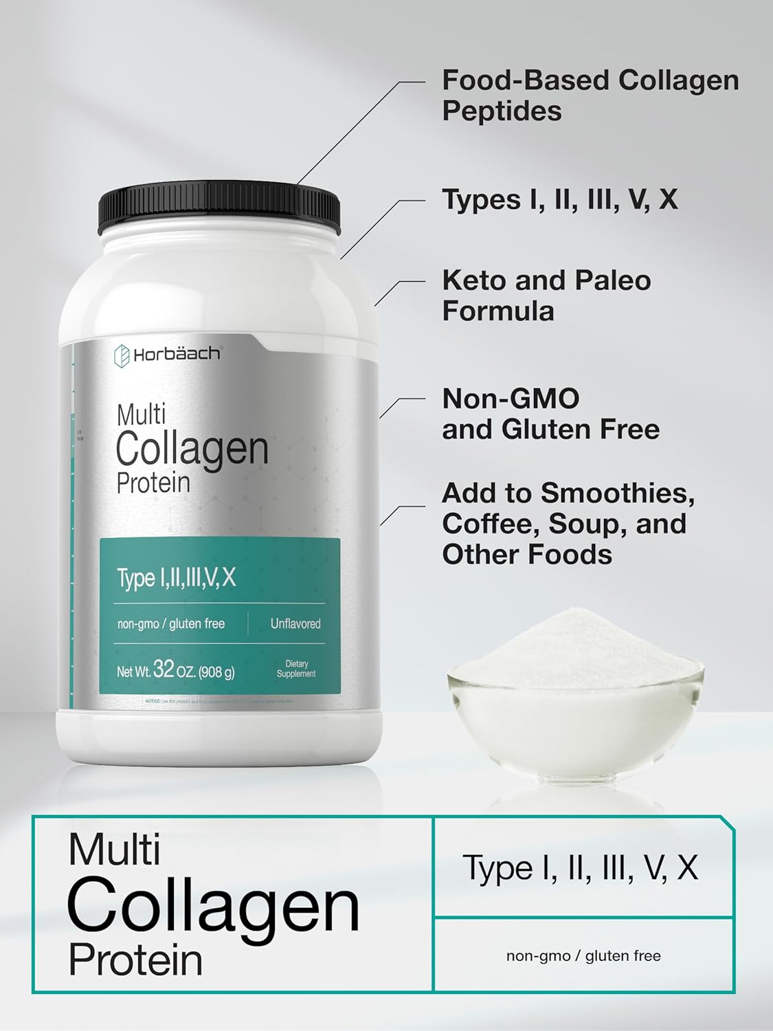 Horbäach Multi Collagen Protein Powder 32 oz | Hydrolyzed Collagen Peptides | Type I, II, III, V, X | Keto & Paleo Friendly | Unflavored & Gluten Free
