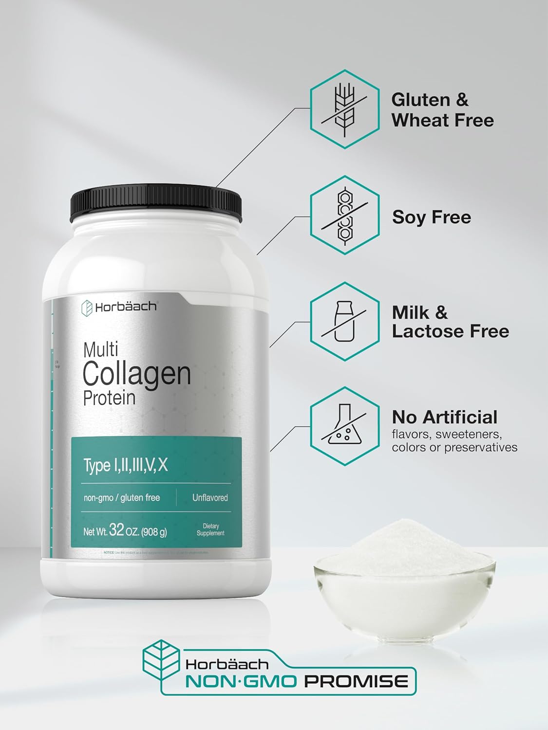 Horbäach Multi Collagen Protein Powder 32 oz | Hydrolyzed Collagen Peptides | Type I, II, III, V, X | Keto & Paleo Friendly | Unflavored & Gluten Free
