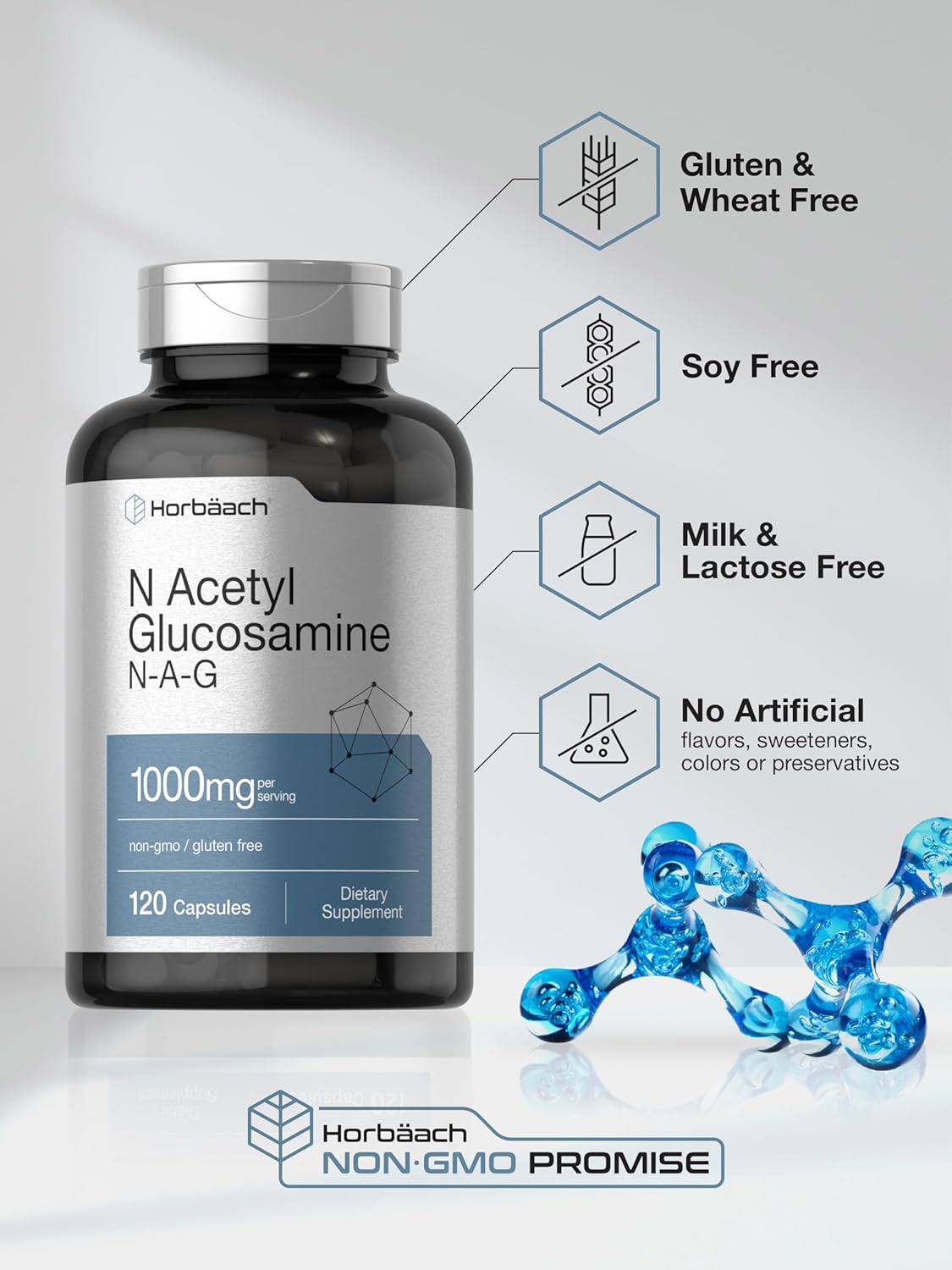Horbäach N-Acetyl Glucosamine 1000mg Capsules - 120 Count - Non-GMO & Gluten Free N-A-G Supplement