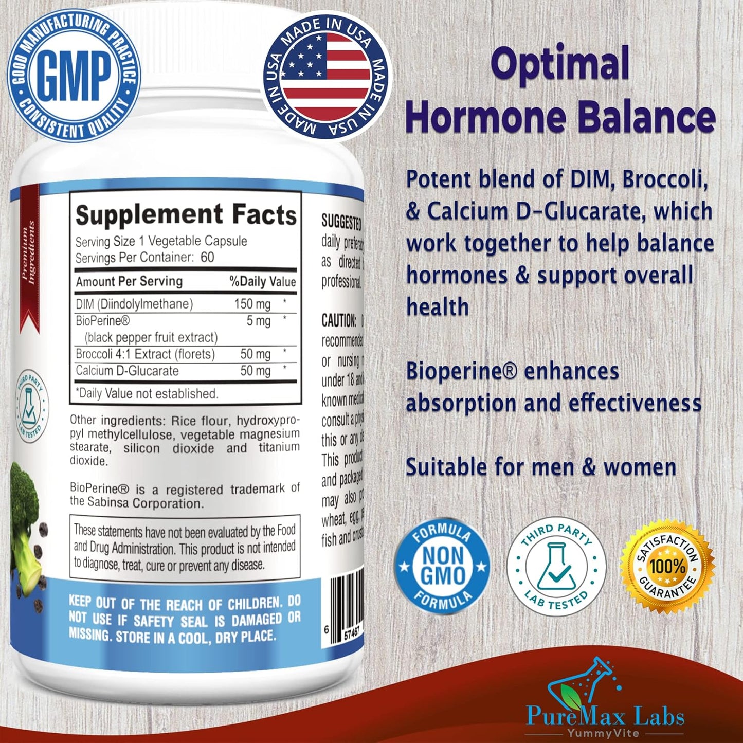 Hormone Balance Supplement with 150mg DIM, Broccoli, Calcium D-Glucarate, and Bioperine - 60 Capsules for Men & Women, Estrogen, Menopause Support