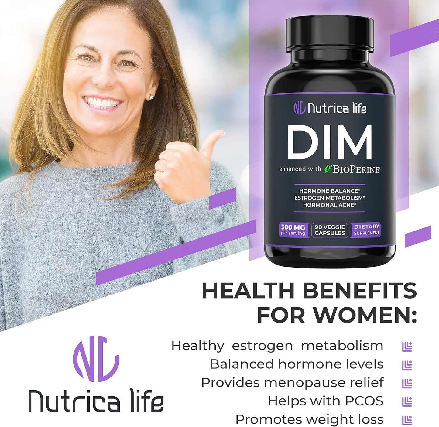 Hormone Balance Support Supplement 300mg - Diindolylmethane with Broccoli & BioPerine - Menopause Relief & Acne Control - 90 Capsules